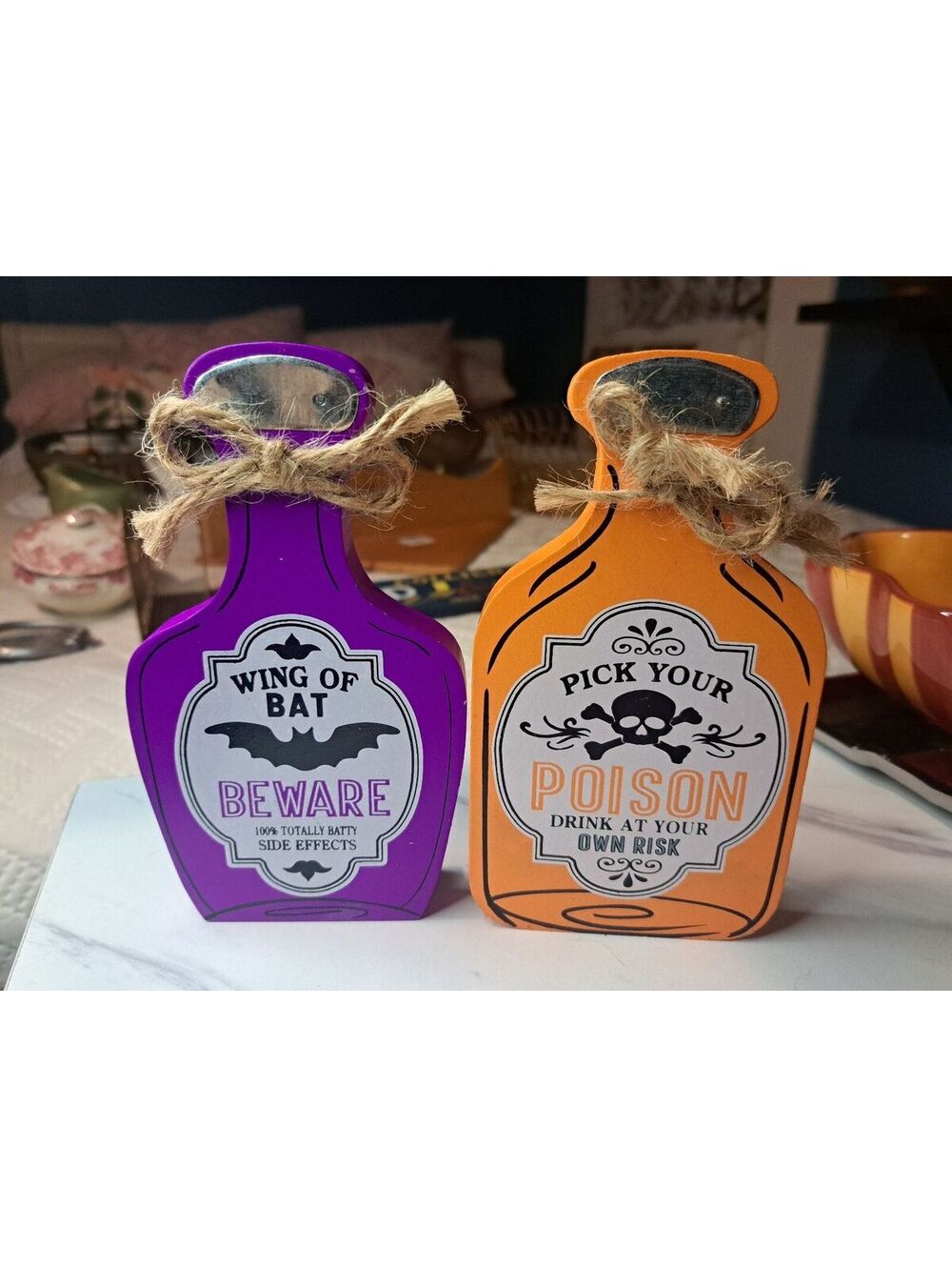 Set of 2 Decorative Wood Halloween "Pick Your Poison" Potion Bottle Table Signs